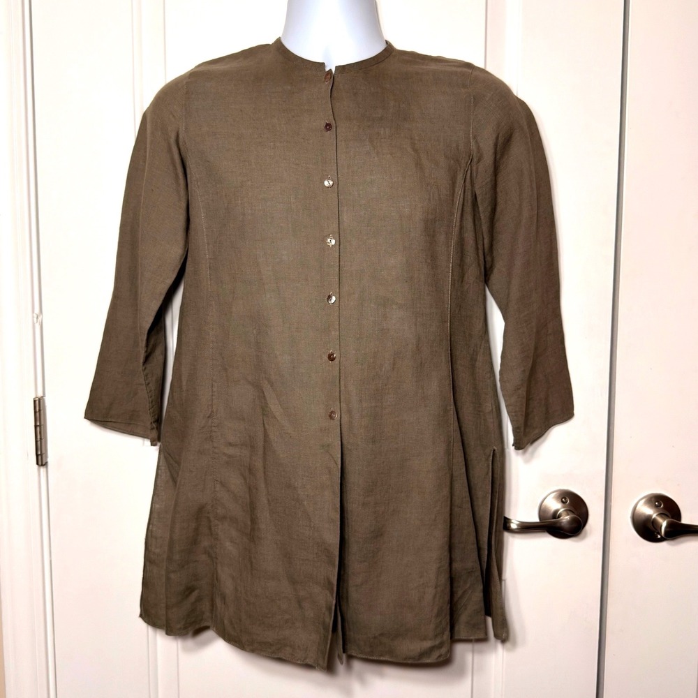 Eileen Fisher Petite Irish Linen Button Down Tunic Top Brown Long Sleeve PP